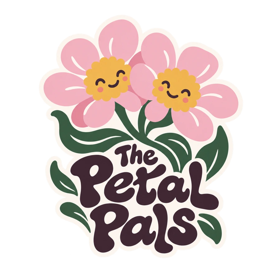 Two smiling flowers above The Petal Pals lettering